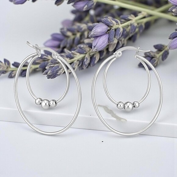 ๐๏ธ Elegant Silver Beaded Stainless Steel Hoop Earrings โ 1.4" Inner Diameter - Picture 11 of 11